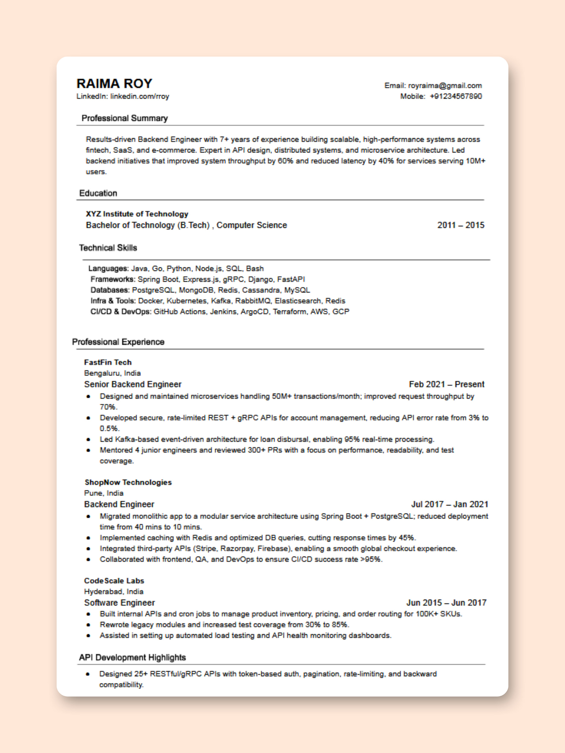 Backend Engineer resume template preview - Technology professional template