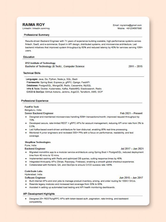 Backend Engineer resume template preview