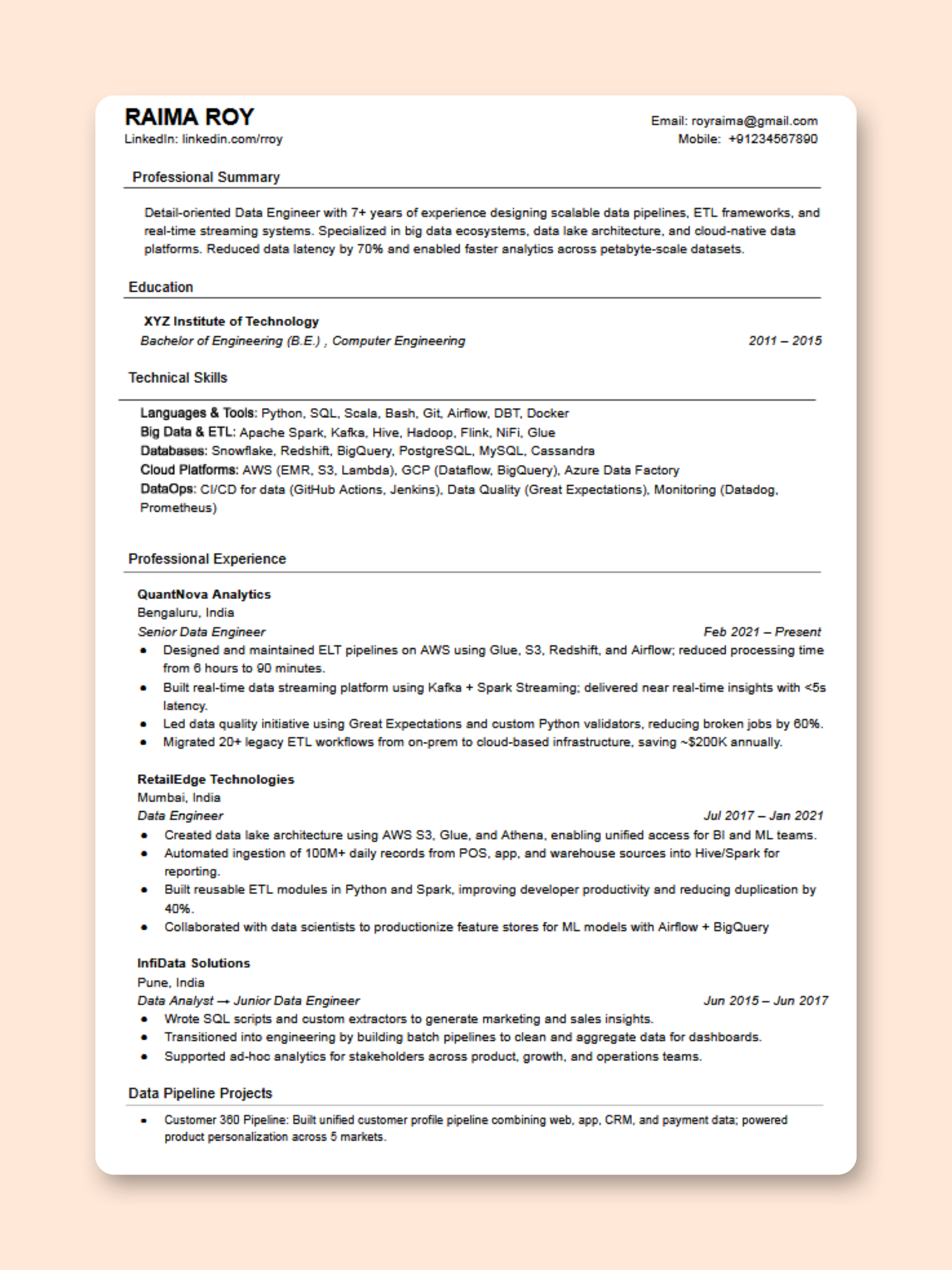 Data Engineer resume template preview - Data Science professional template