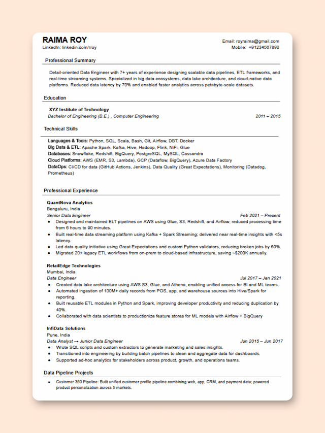 Data Engineer resume template preview
