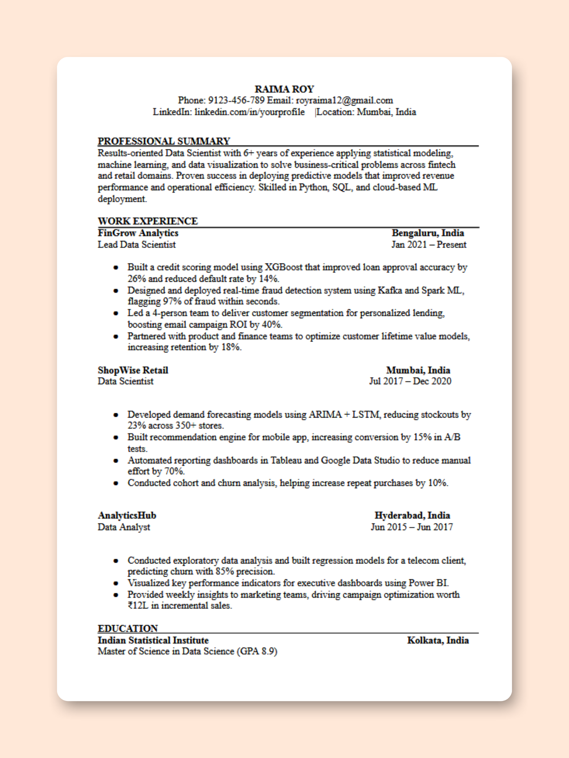 Data Scientist resume template preview - Data Science professional template