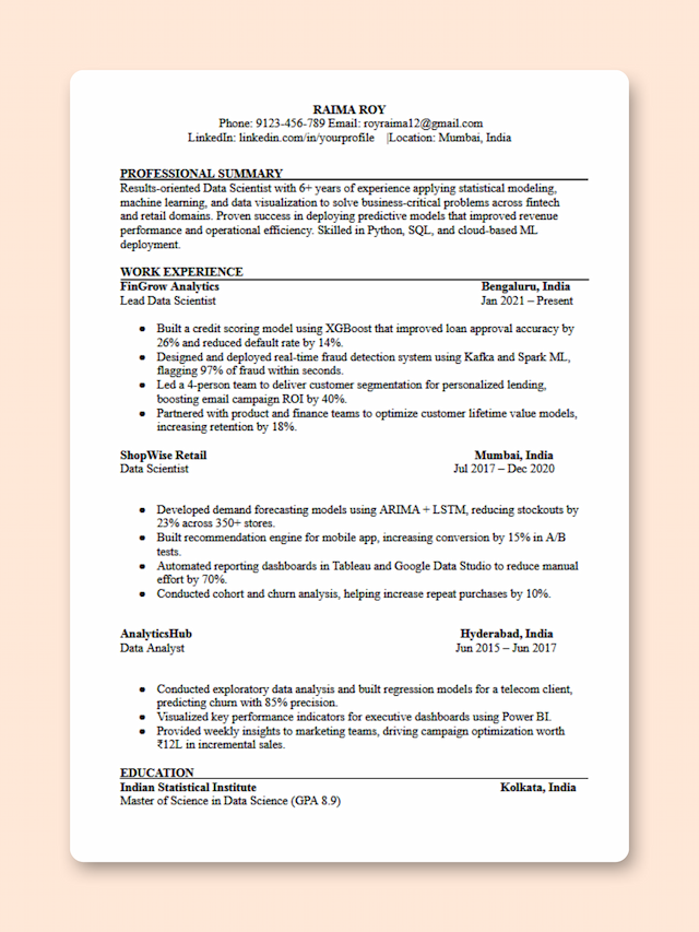 Data Scientist resume template preview