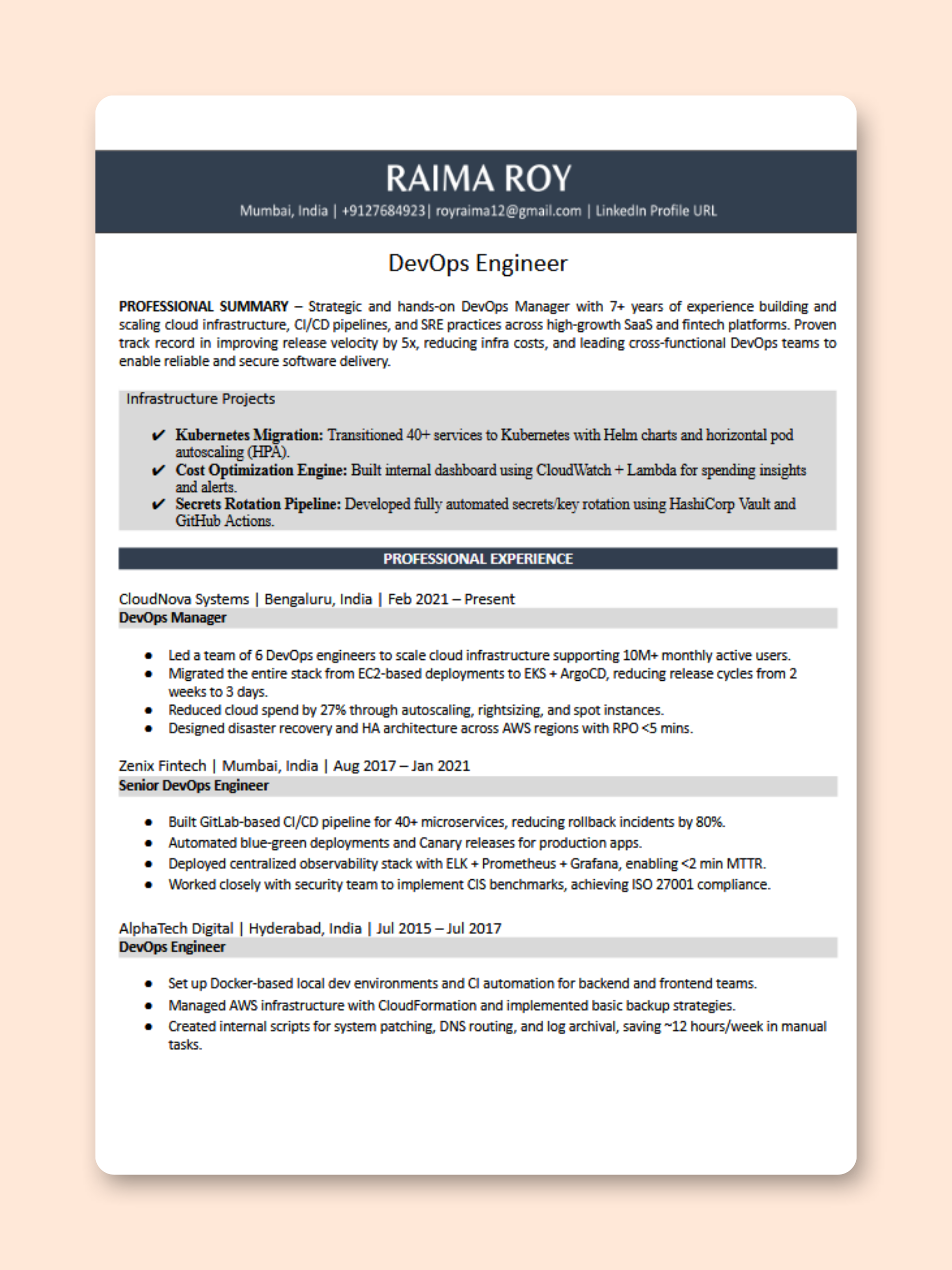 DevOps Engineer resume template preview - Technology professional template
