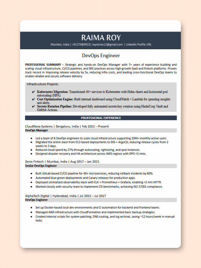 DevOps Engineer resume template preview