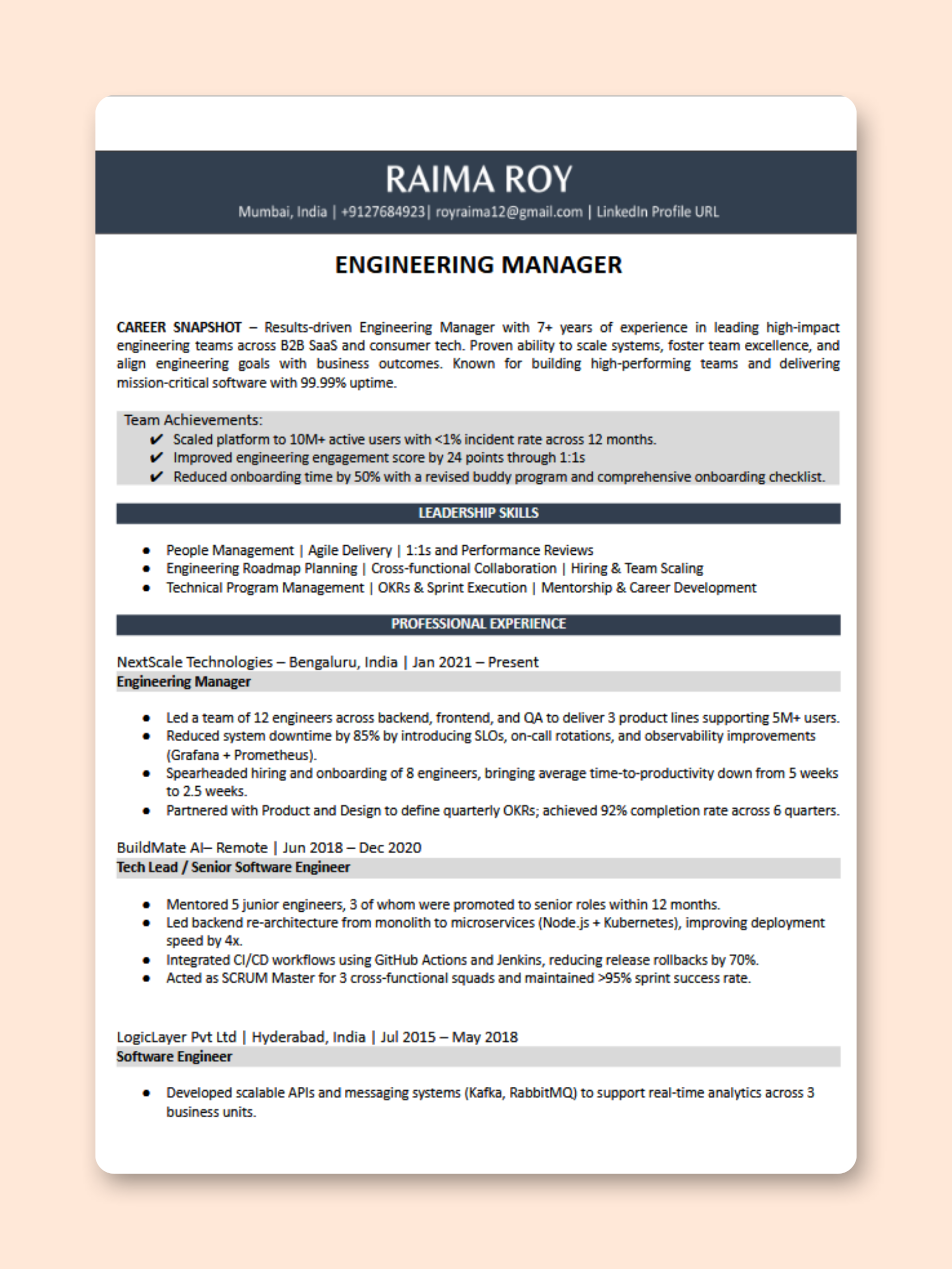 Engineering Manager resume template preview - Technology professional template