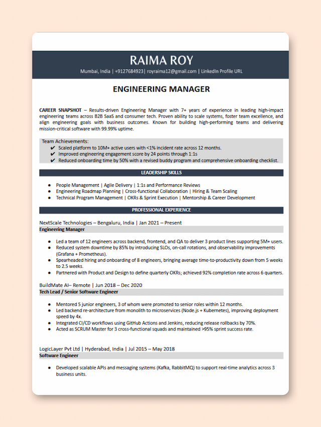 Engineering Manager resume template preview