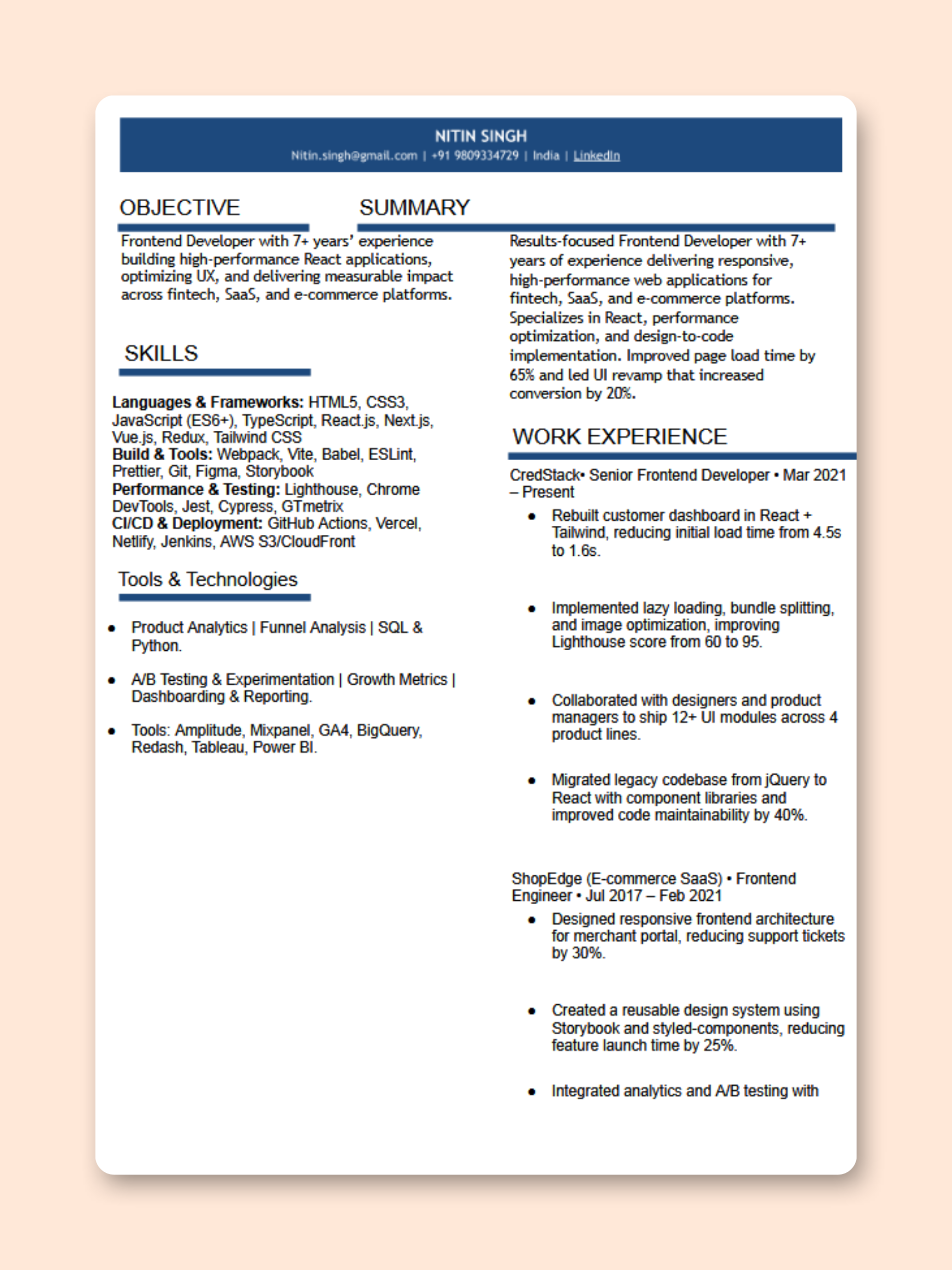 Frontend Developer resume template preview - Technology professional template