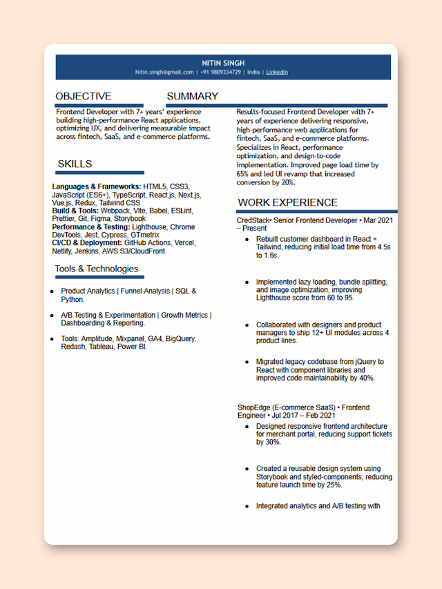Frontend Developer resume template preview