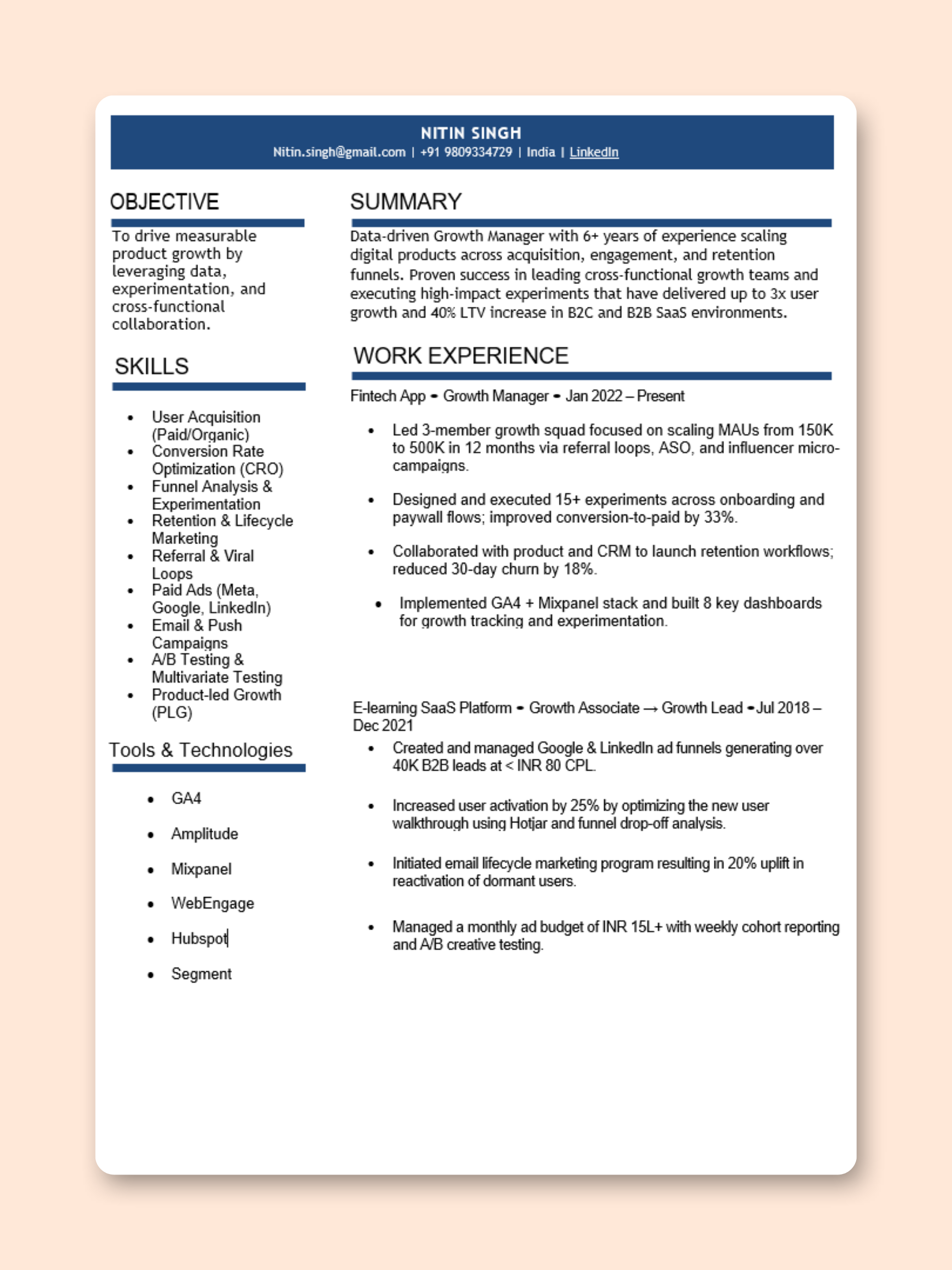 Growth Manager resume template preview - Marketing professional template