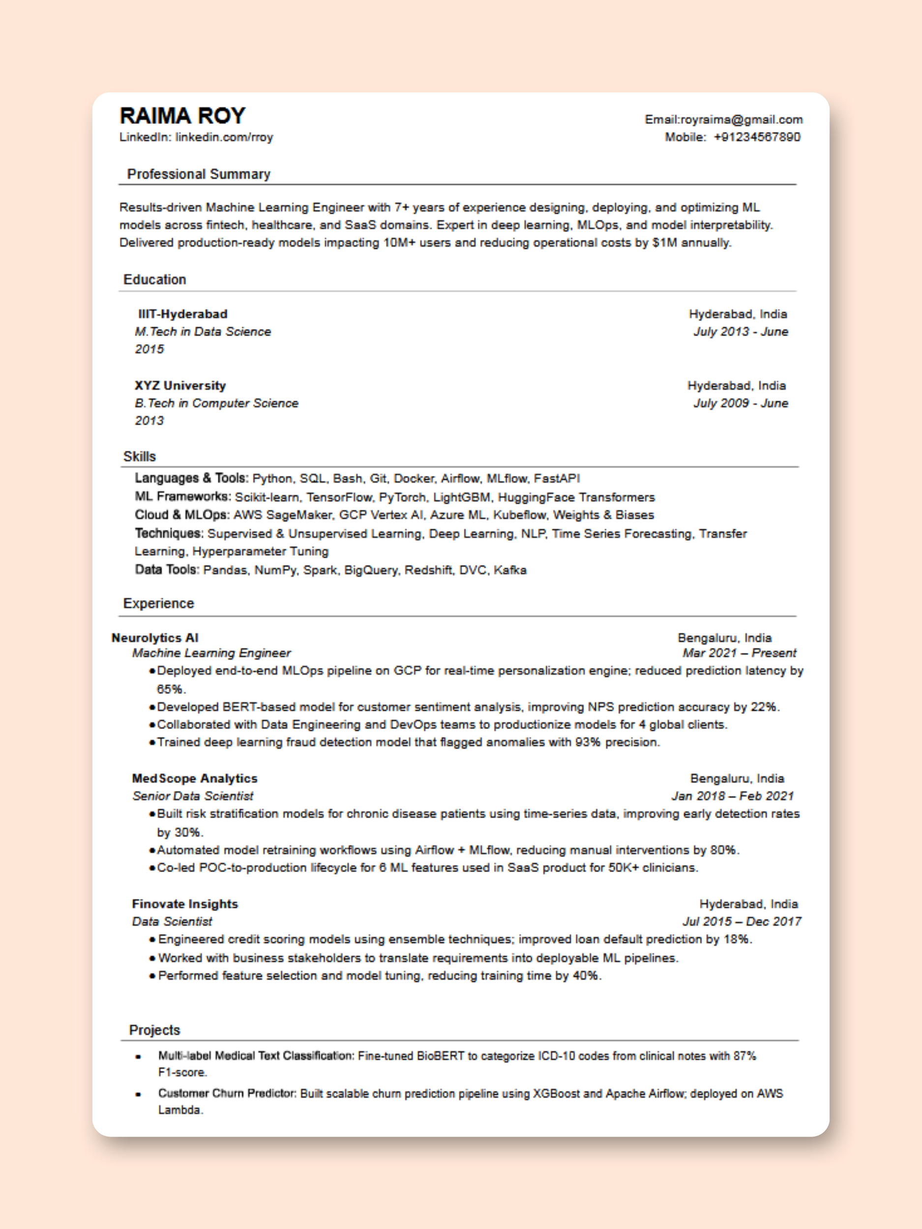 Machine Learning Engineer resume template preview - AI & Machine Learning professional template