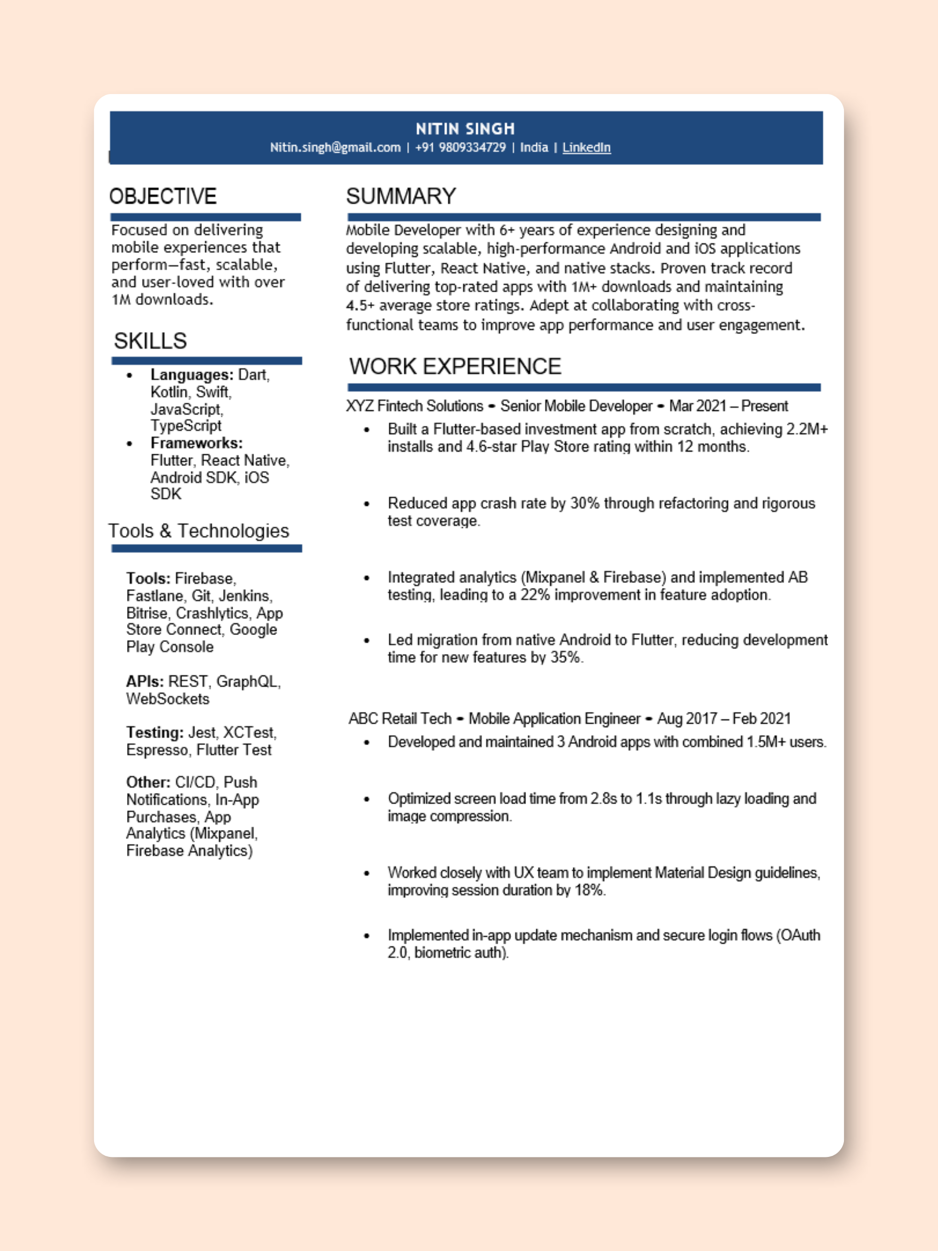 Mobile Developer resume template preview - Technology professional template