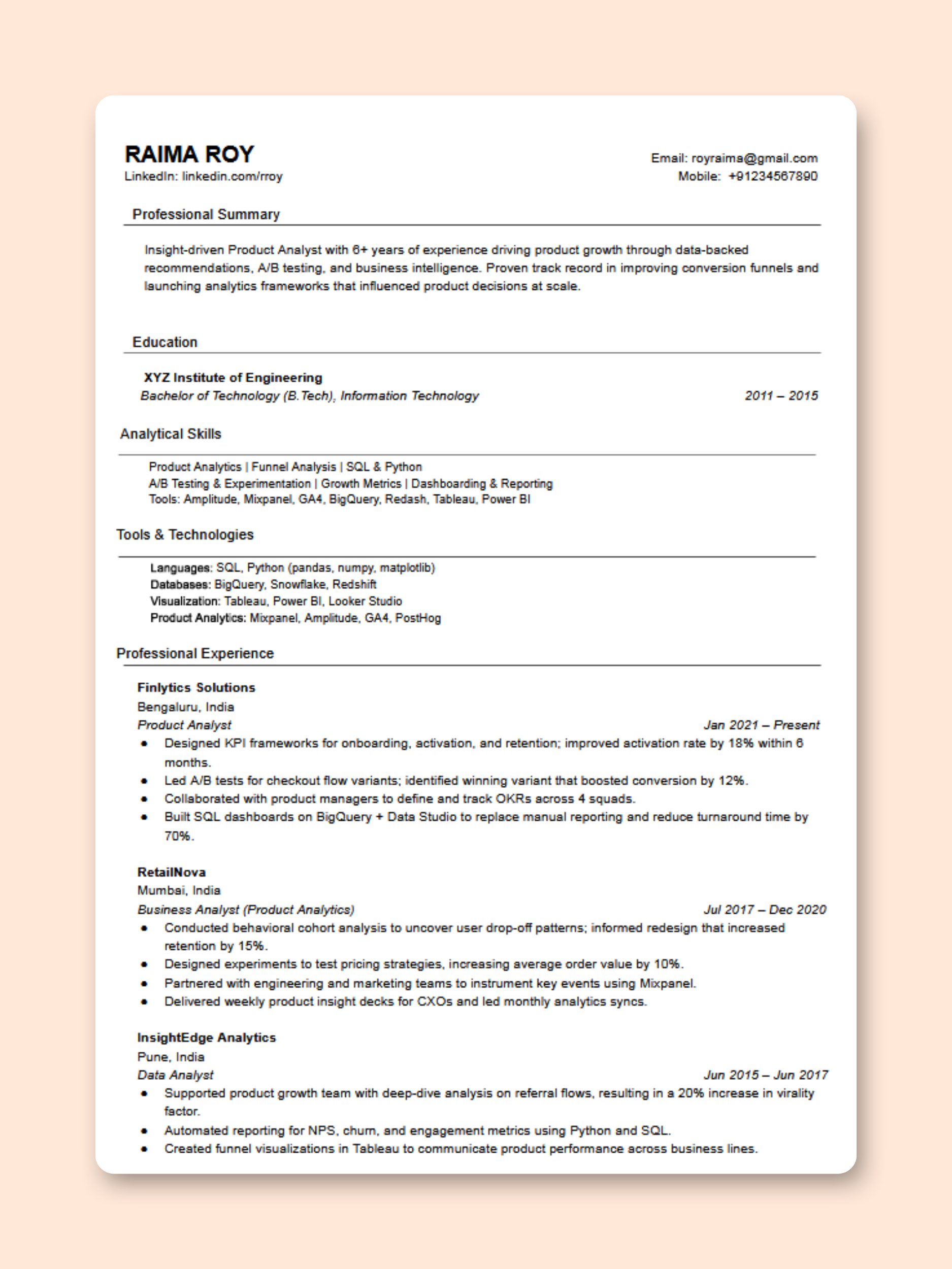 Product Analyst resume template preview - Management professional template