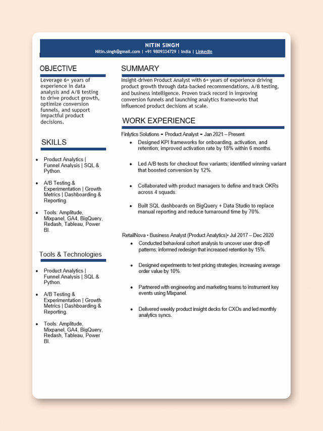 Product Analyst resume template preview