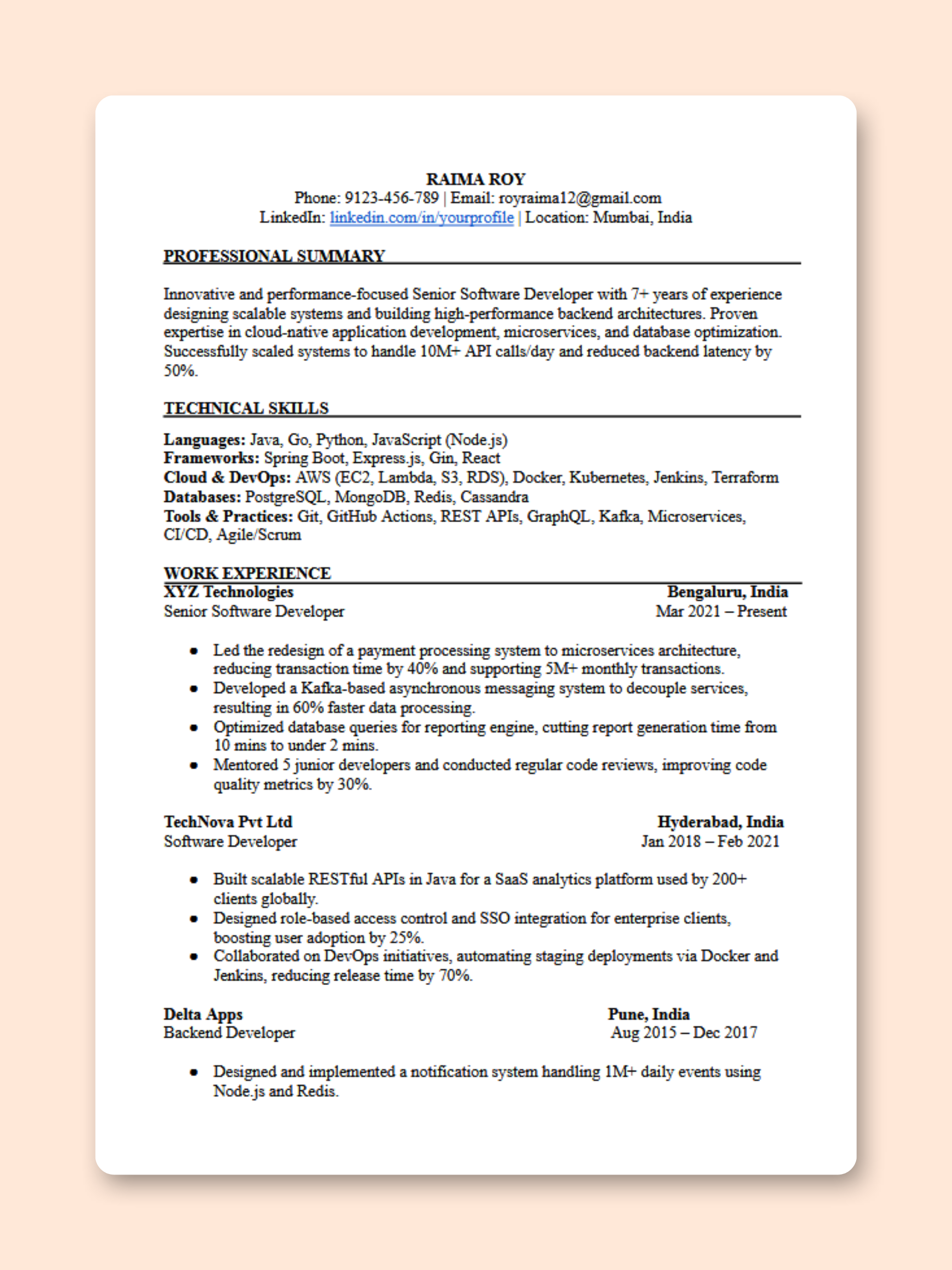 Senior Software Developer resume template preview - Technology professional template