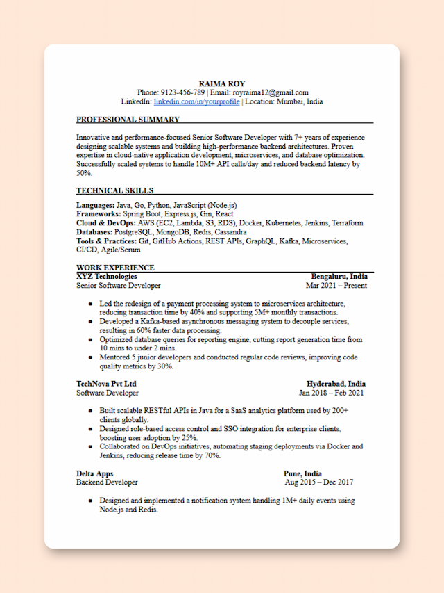 Senior Software Developer resume template preview