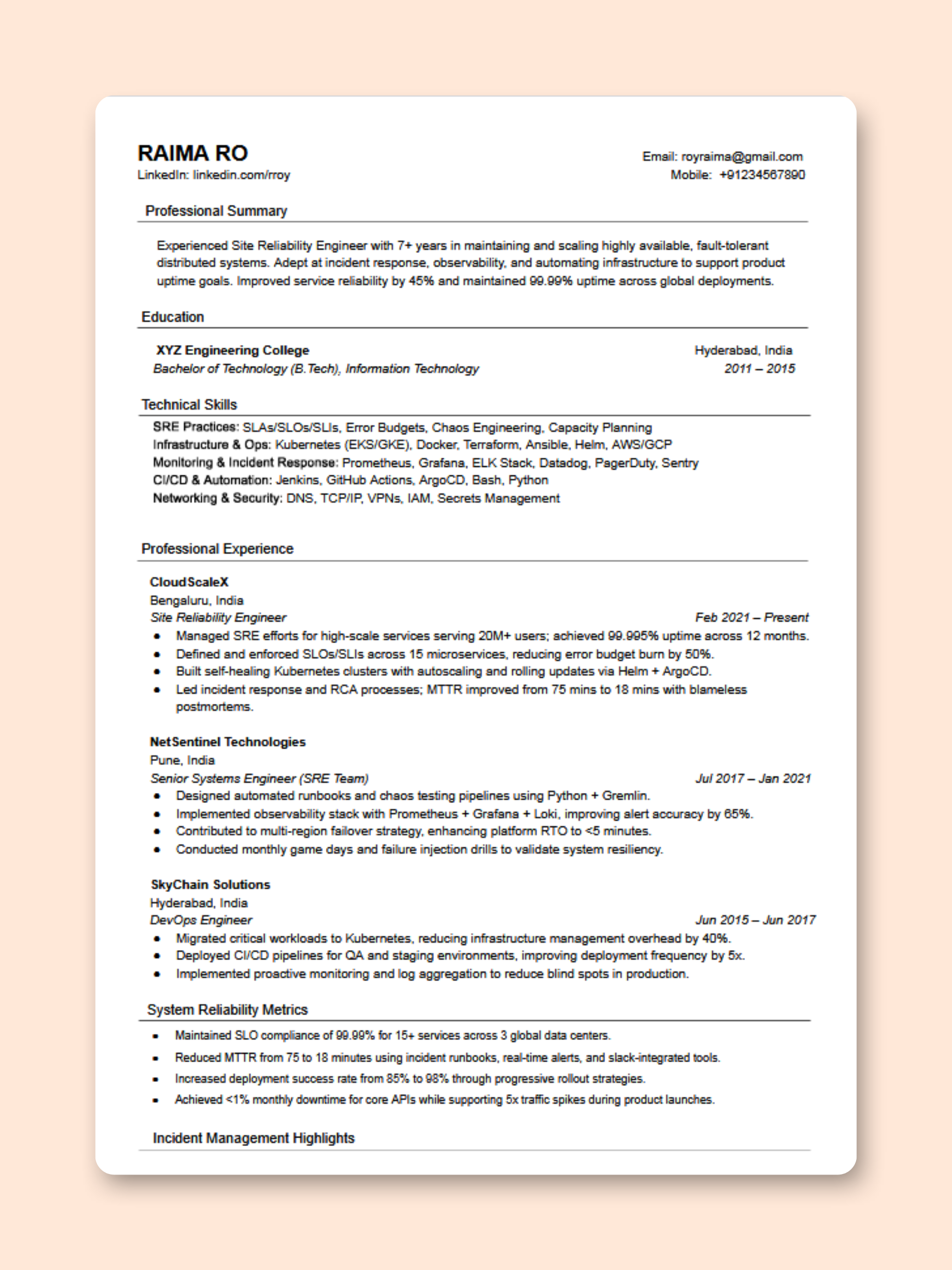 Site Reliability Engineer resume template preview - Technology professional template