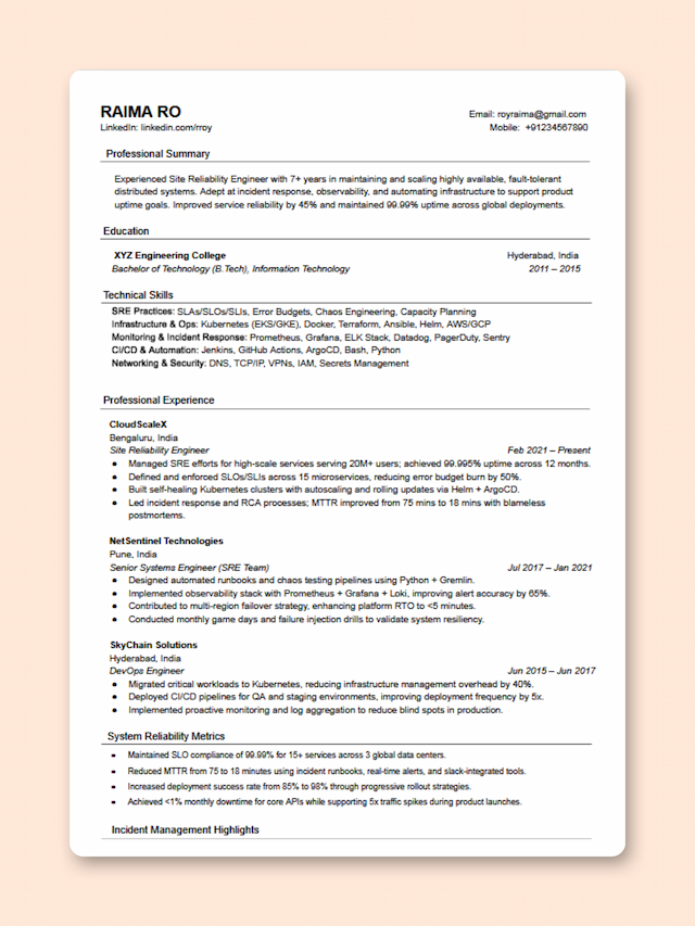 Site Reliability Engineer resume template preview