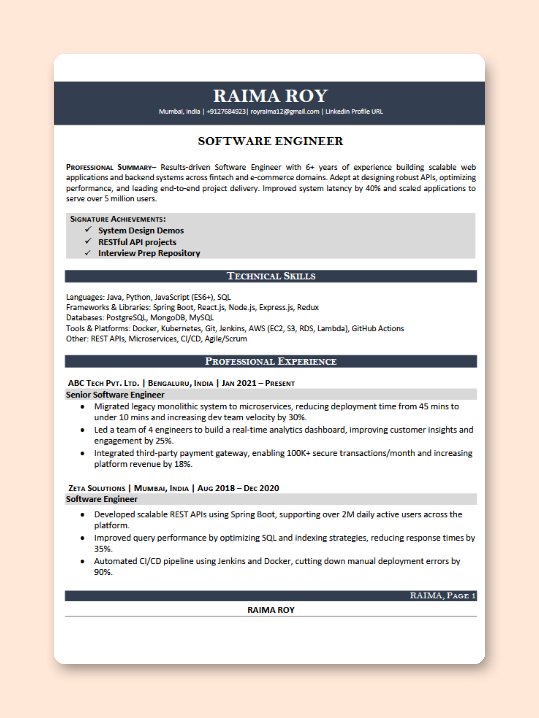 Software Engineer resume template preview - Technology professional template
