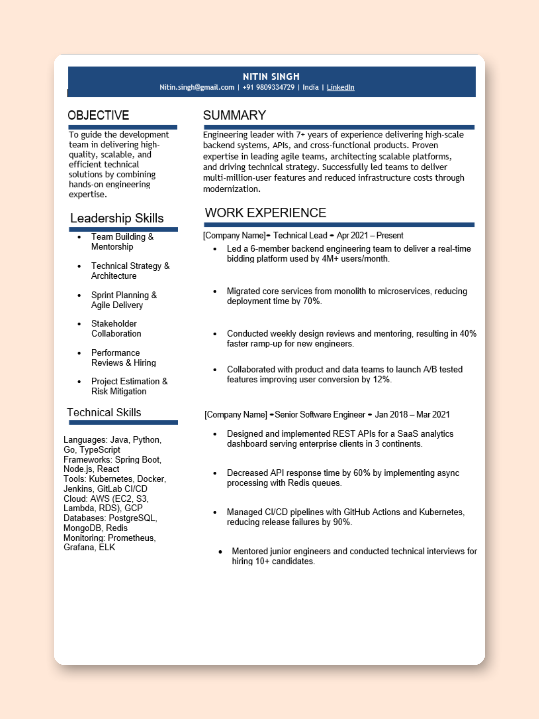 Technical Lead resume template preview - Technology professional template