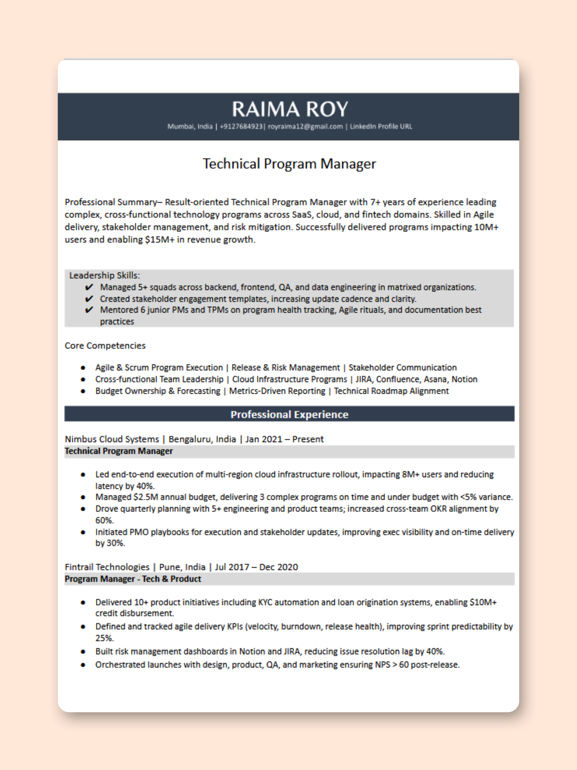 Technical Program Manager resume template preview - Management professional template