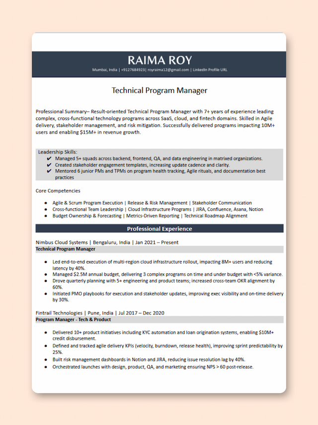 Technical Program Manager resume template preview